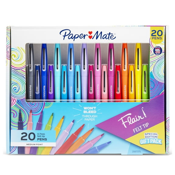 Paper Mate Flair Felt Tip Pens, Medium Point (0.7 mm), Assorted Colors, 20 Count