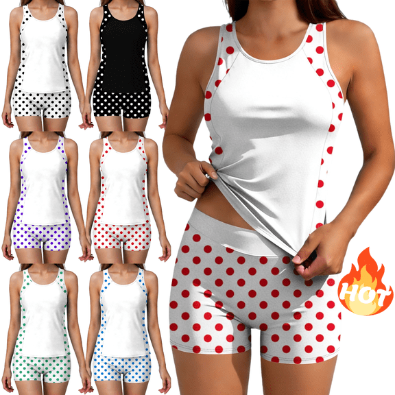Mifsaly Two Piece Swimsuit for Women Tankini Set Polka Dot Print Swimsuit Crew Neck Top with Boyshorts Beach Pool Tummy Control Bathing Suit Sport Swimwear XXL