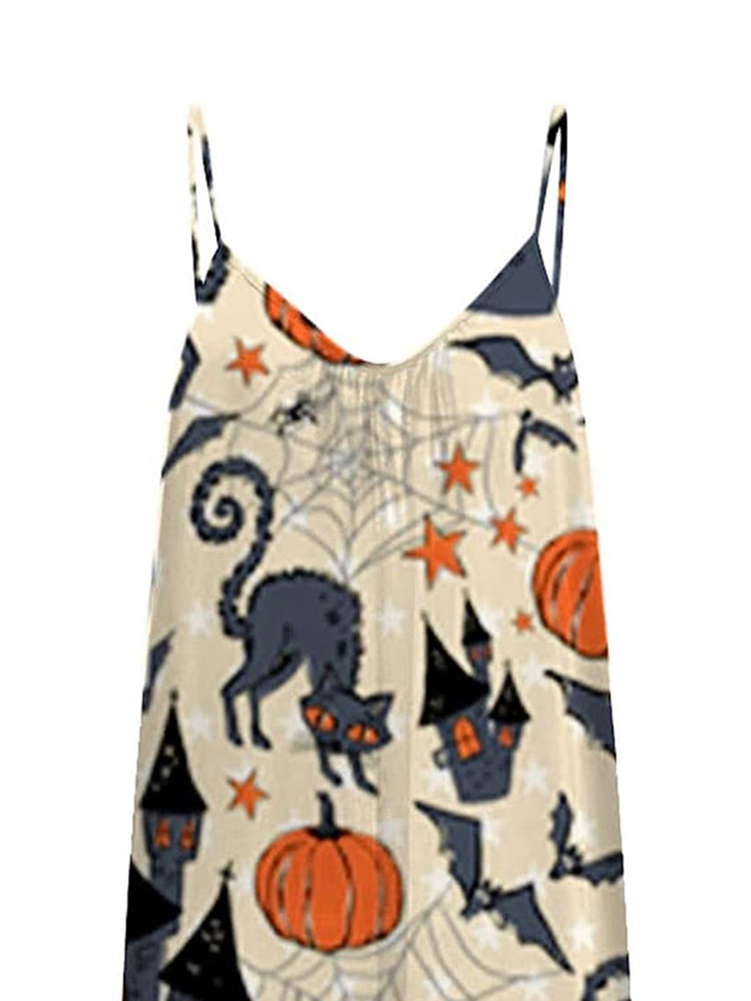 Women's Halloween Strap Jumpsuit Sleeveless One Piece Pumpkin Bat Cat Romper Playsuit Spaghetti Strap Baggy Overalls Pants