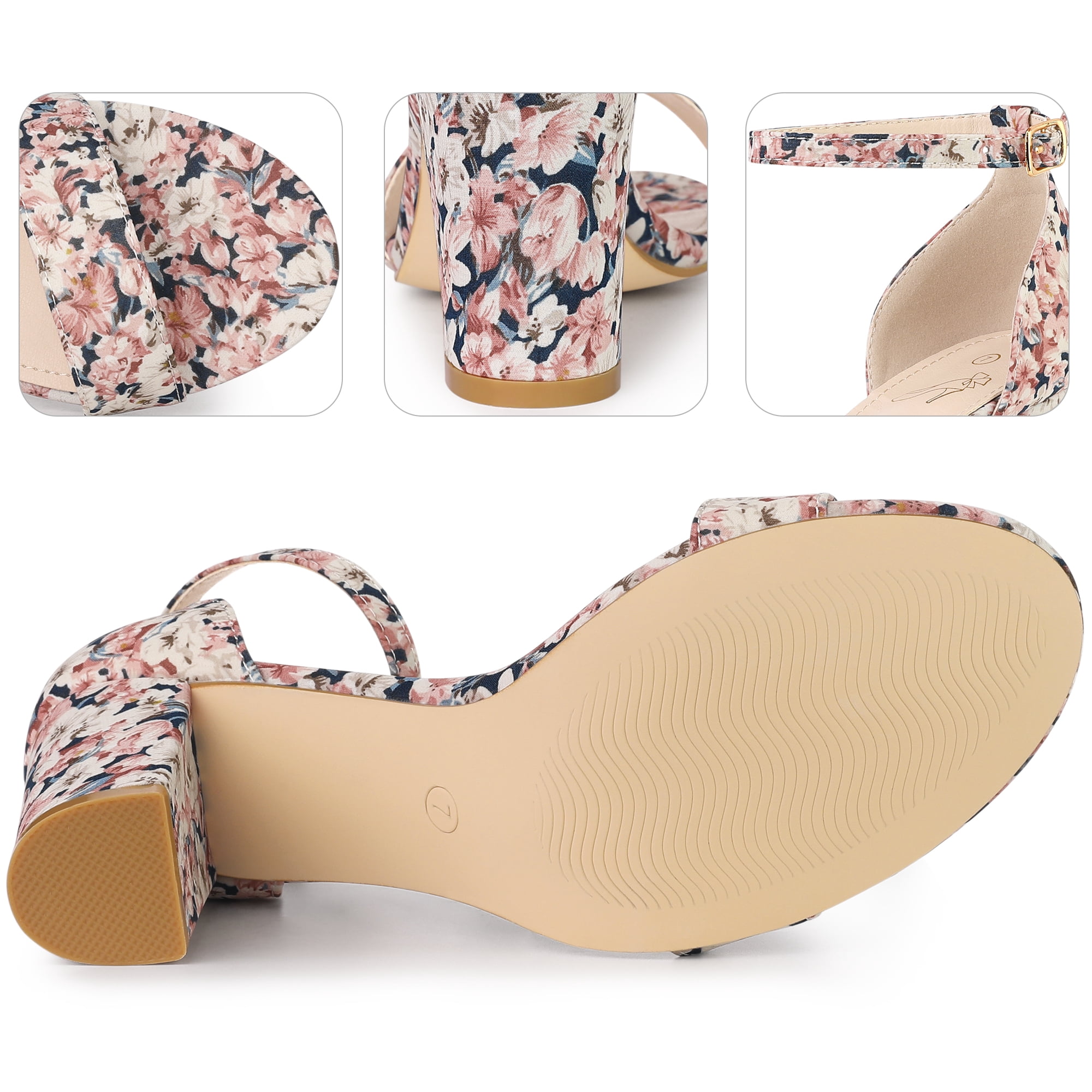 DARING DIVA Women's Floral Open Toe Ankle Strap Chunky Heel Sandals Blue pink Flower 6