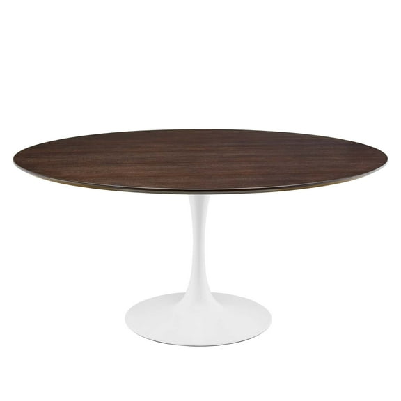 60 inch Dining Table, Round, White Walnut, Wood, Metal Steel, Modern Contemporary Mid-Century, Kitchen Room Cafe Bistro Restaurant Hospitality