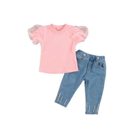 

TheFound Toddler Baby Girls Clothes Lace Puff Sleeve Solid Pullover T Shirts Tops Pearl Denim Pants Sets