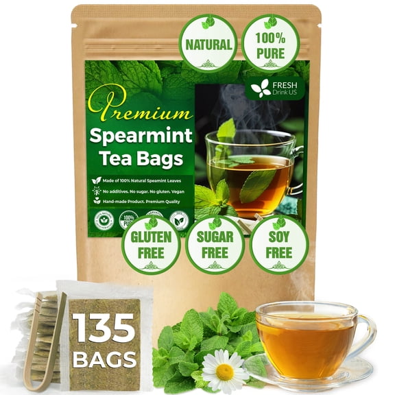 FreshDrinkUS, Premium 135 Spearmint Tea Bags, 100% Natural & Pure from Spearmint Leaves. Loose Leaf Spearmint Herbal Tea. Made with Natural Material Tea Bags. No Sugar, No Caffeine, No Gluten, Vegan.