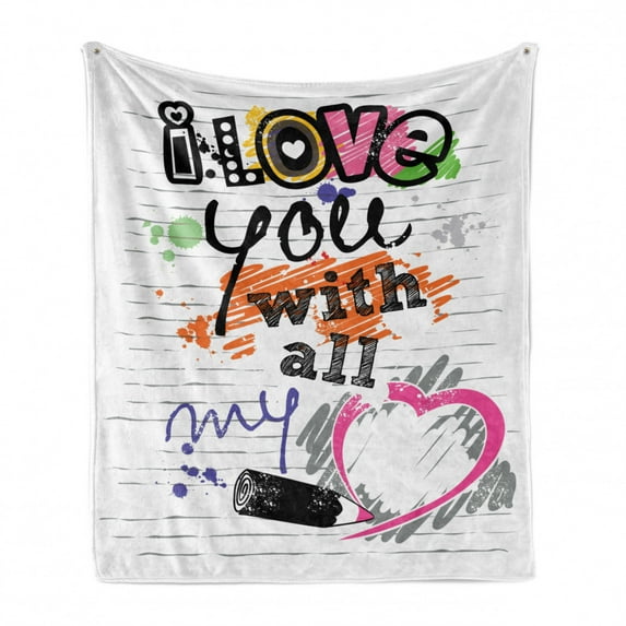 I Love You Soft Flannel Fleece Throw Blanket, I Love You with All My Heart Grunge Sketchy Notebook Style Childish Couples, Cozy Plush for Indoor and Outdoor Use, 50" x 60", Multicolor, by Ambesonne