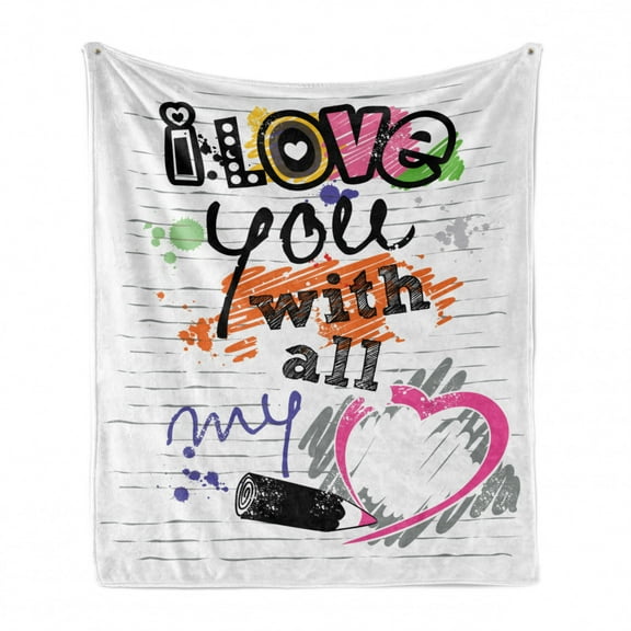 I Love You Soft Flannel Fleece Throw Blanket, I Love You with All My Heart Grunge Sketchy Notebook Style Childish Couples, Cozy Plush for Indoor and Outdoor Use, 50" x 60", Multicolor, by Ambesonne