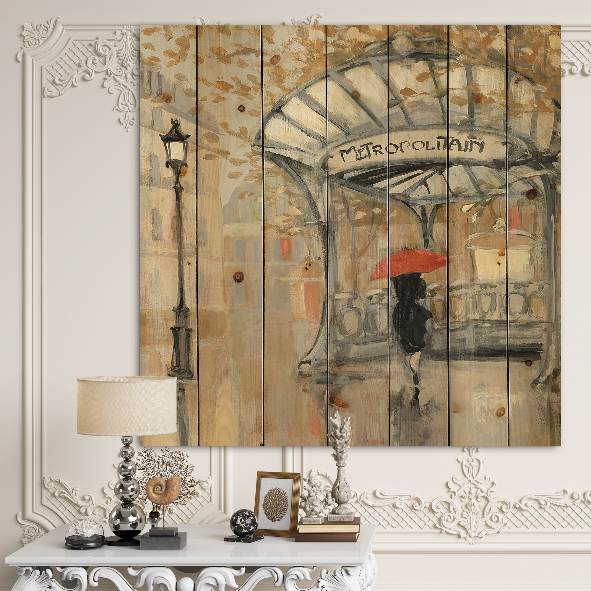 Designart 'Love Girl in Paris' Romantic French Country Print on Natural Pine Wood