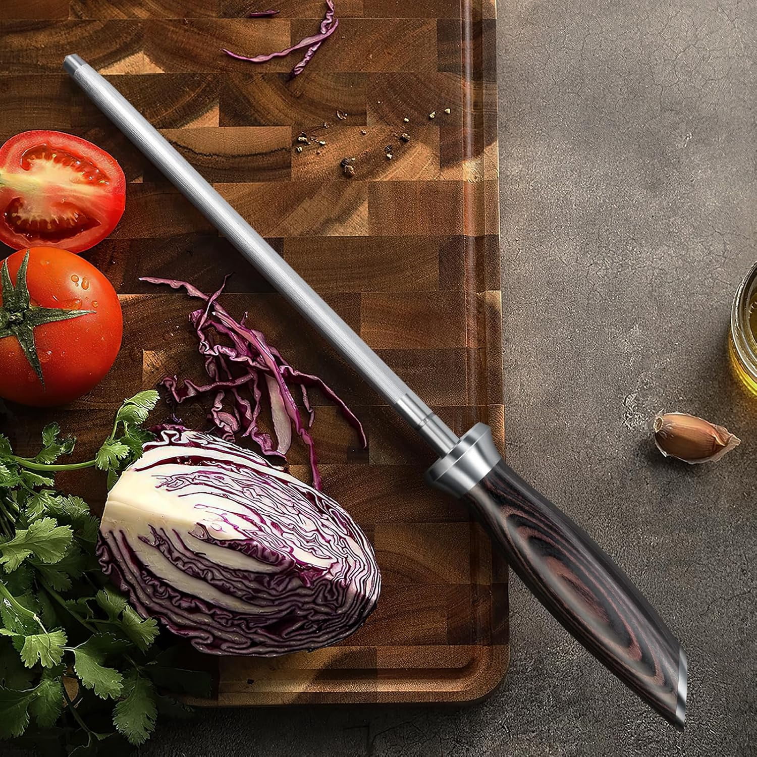 10 Inch Professional Kitchen Knife Sharpener Rod with High Carbon Steel and Ergonomic Pakkawood Handle