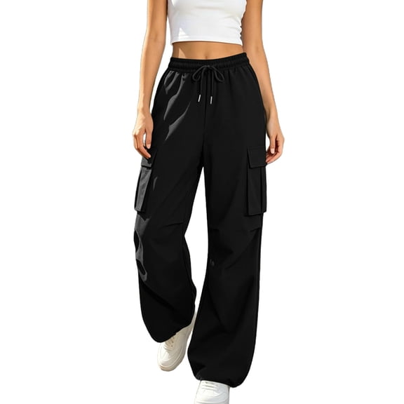 ZHYou No Boundarie Womens Drawstring Elastic Waist Cargo Jogger Sweatpants Loose Casual Tapered Track Pants with Dual Large Patch Pockets,Black,Size M