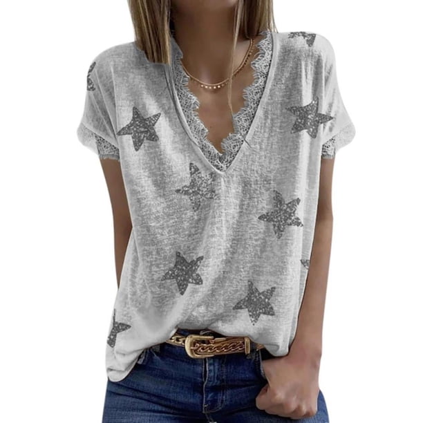 Camiseta de manga corta de verano para mujer con cuello en V y encaje con estampado de estrellas