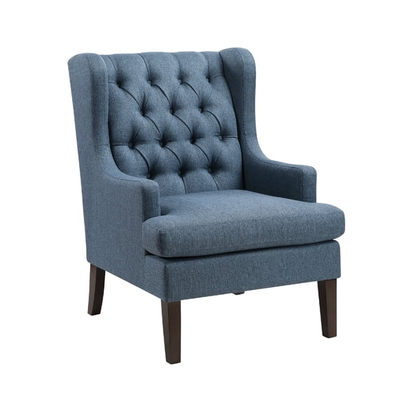 Hosanna Accent Wing Armchair- Button Tufted Blue Polyester- Brown Wood