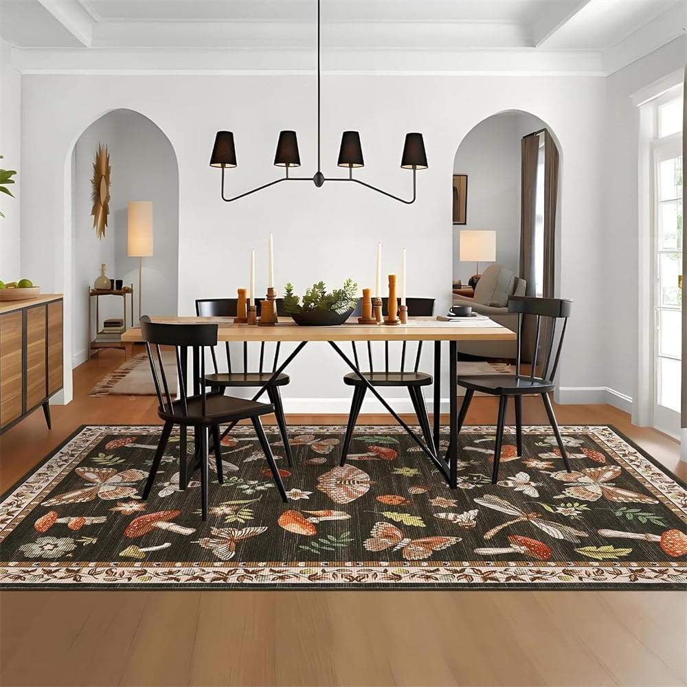 Washable Runner Rug Modern Insect Floral Print Area Rug Mushroom Carpet for Kitchen Stain Resistant Carpet with Non-Slip Backing Low Pile Floor Cover for Hallway Laundry Bedroom
