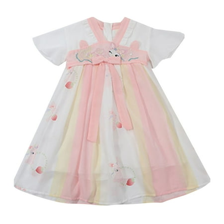 

Girls Fashion Dresses Hanfu Short Sleeved Dress Summer New Cute Cartoon Pattern Embroidery Dress For 5-6 Years