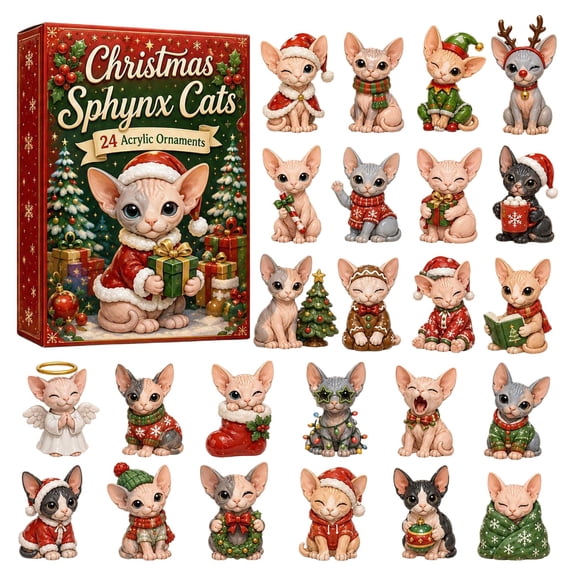 Christmas Sphynx Cats Advent Calendar 2026, 24 Days Countdown Box with 2D Acrylic Ornaments, Hairless Cat Holiday Decor, Gift for Women and Cat Lovers, 24 Pcs