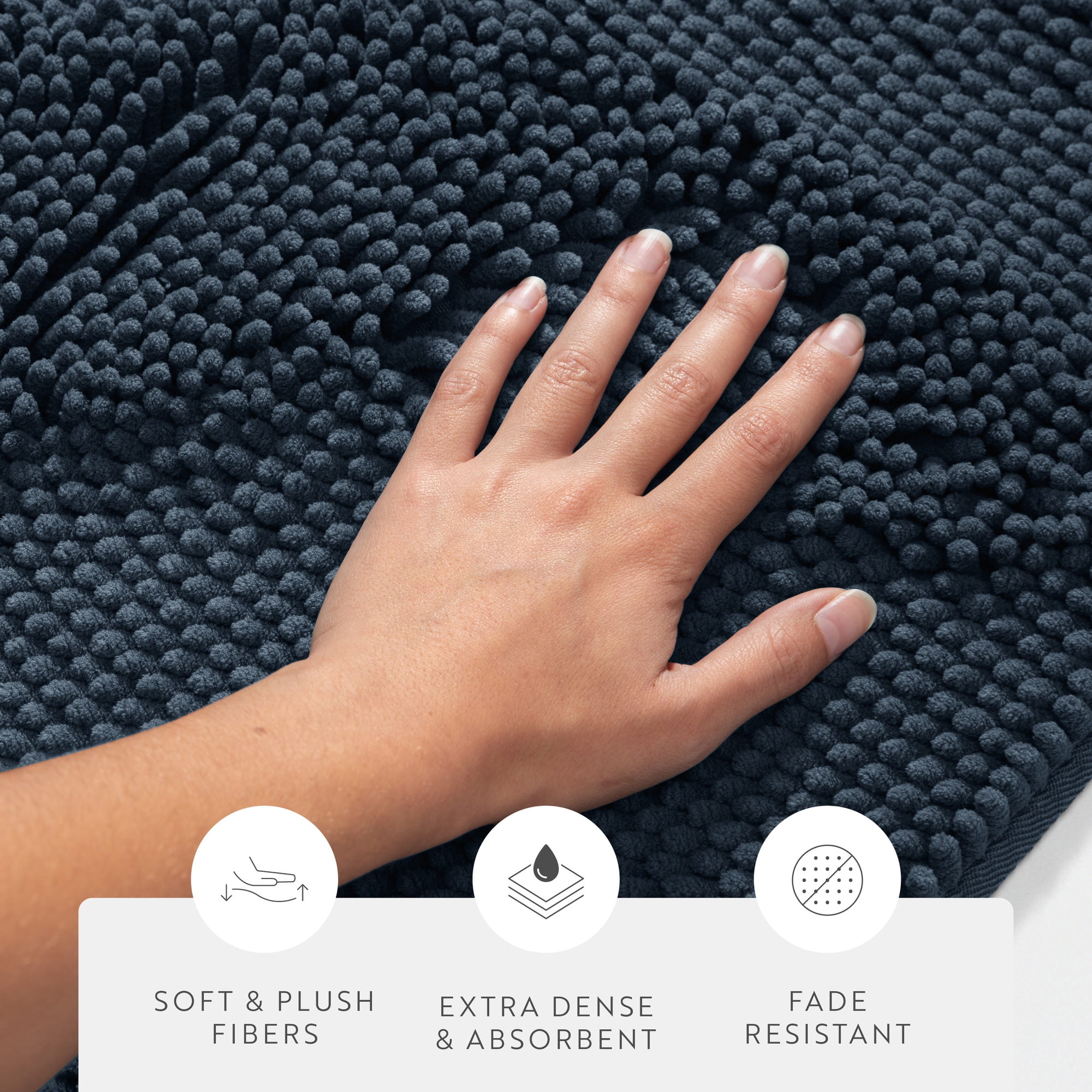 Soft Absorbent Chenille Bath Mat Rug with Anti-Skid Rubber Backing, 2 Pack, Navy, by Noble Linens
