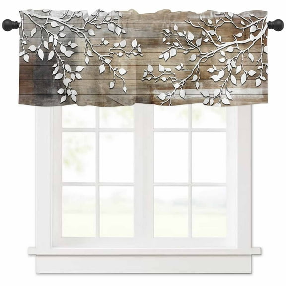 Hokiten Rod Pocket Curtain Valance, White Branches Farmhouse Window Valance for Living Room, Bedroom, Kitchen Brown Beige Wooden Grain 42"W x 12"L