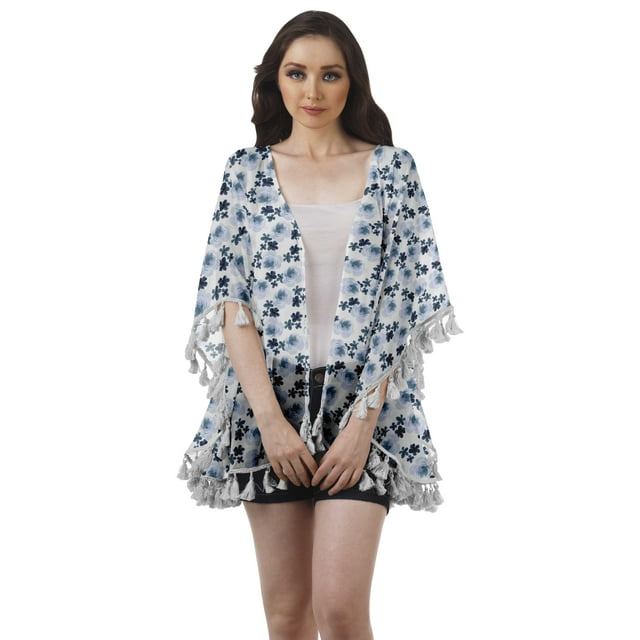 Moomaya Open Front Printed Shrug Printed Kimono Sleeve Beach Cover Up For Women