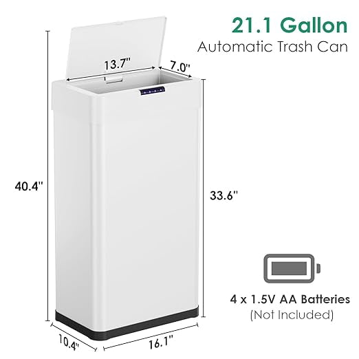 Pirecart Automatic Motion Sensor Trash Can - 21.1 Gallon Narrow Stainless Steel Garbage Bin, With Bag Holder, Soft Close Lid, for Office, White