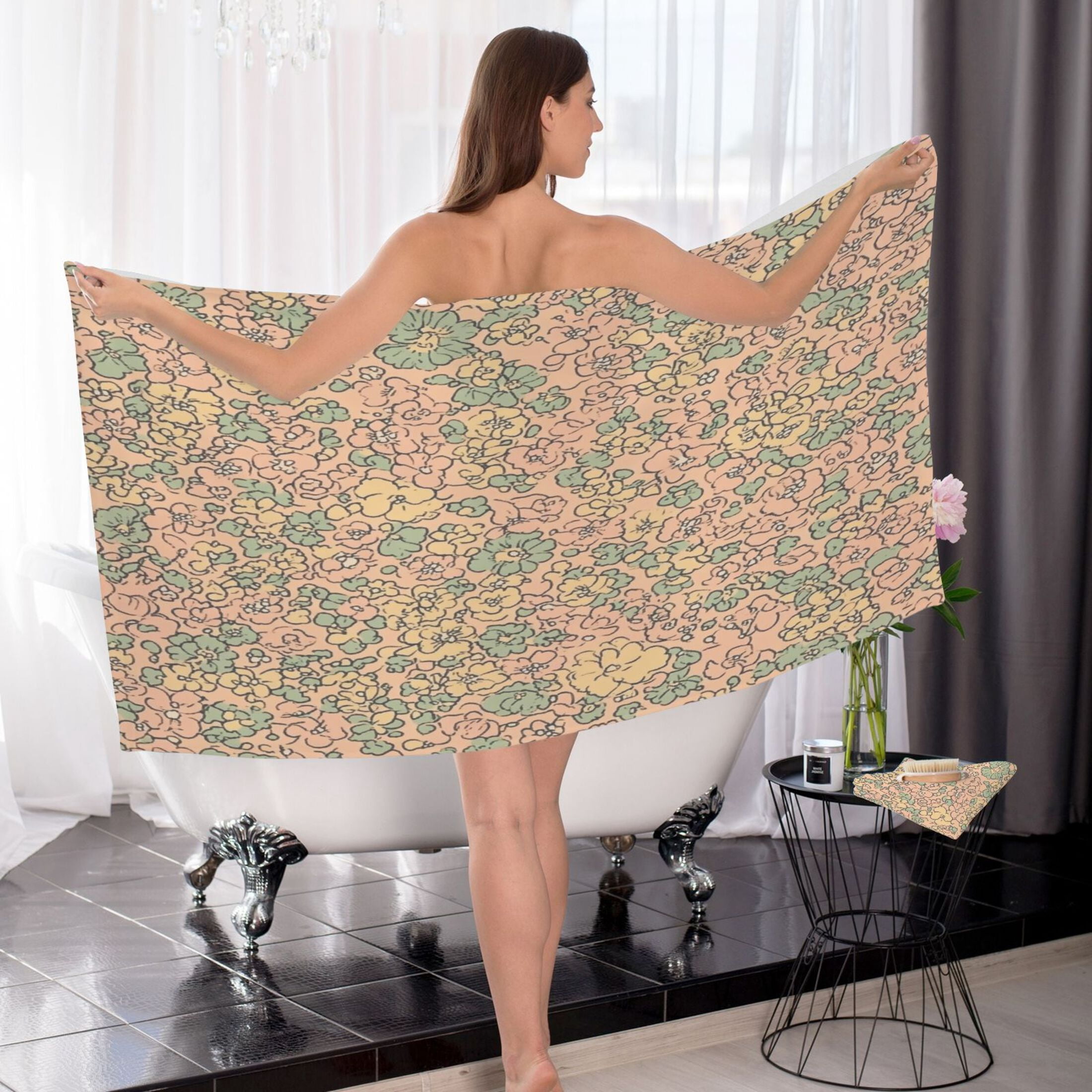 Peach Floral Tapestry 2 Piece Cotton Bath and Face Towel Set Soft and Absorbent, for Beach Pool Bathroom