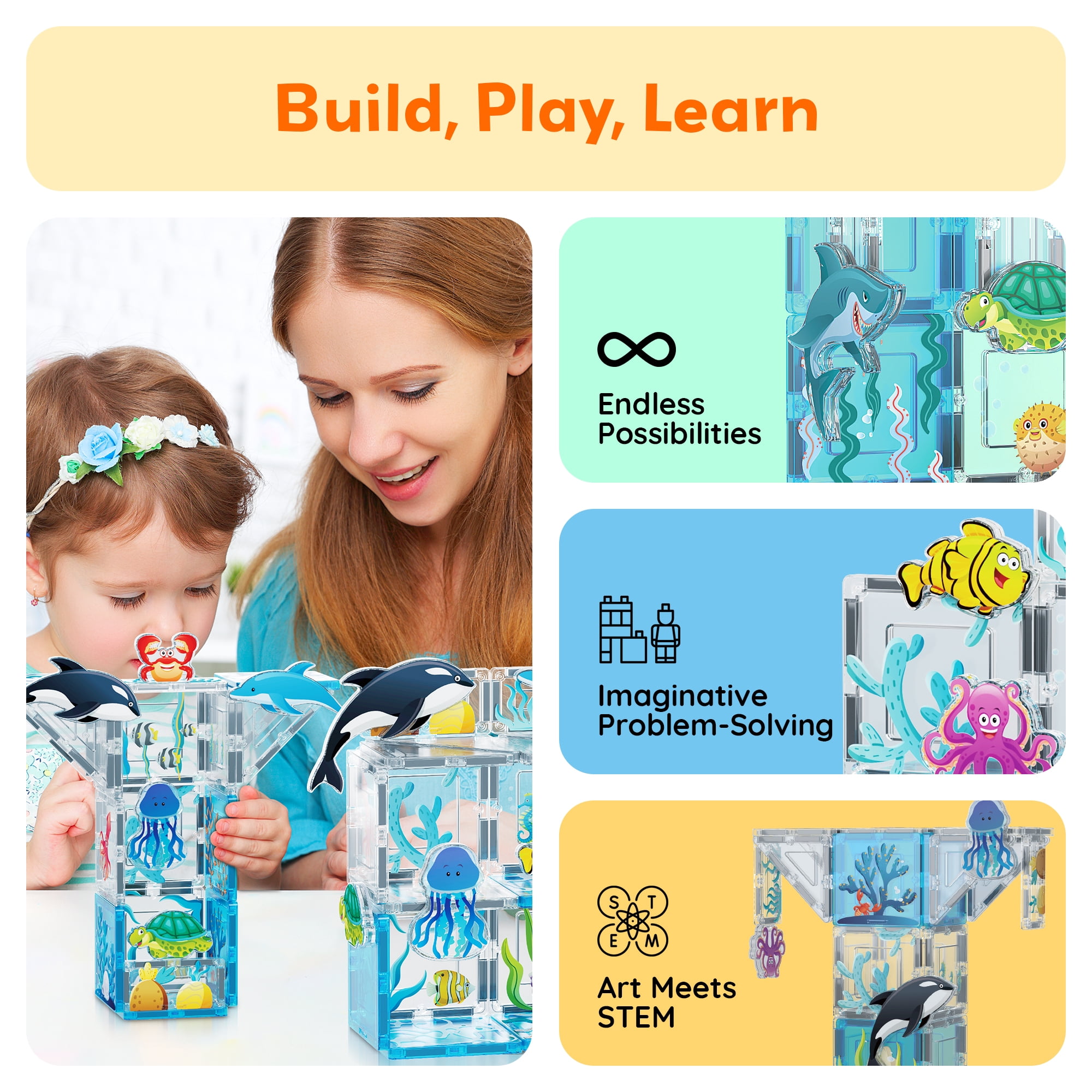 PicassoTiles Magnetic Tiles for Kids – Marine Animal Theme 52PCS STEM Construction Building Blocks Educational Toy