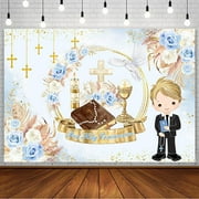 First Holy Communion Backdrop for Boys God Bless Baptism Party Decorations Christening Ceremony Mi Primera Comunion Mi Bautizo Banner Blue Boho Floral Photography Background Photo Props