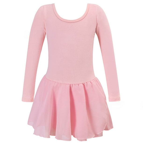 Vestido de manga larga con cuello redondo para niña, color liso, cuello redondo, mangas largas, falda elástica con volantes