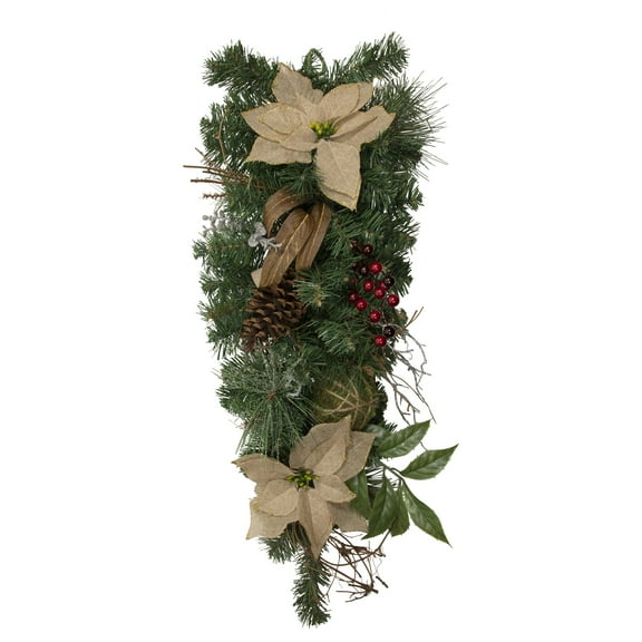 Northlight 28" Unlit Mixed Pine Berry and Burlap Poinsettia Artificial Christmas Teardrop Swag