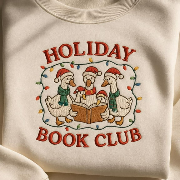 Funny Holiday Book Club Embroidered Sweatshirt, Cute Goose Christmas Sweater, Xmas Reading Gift for Book Lover, Duck Hoodie