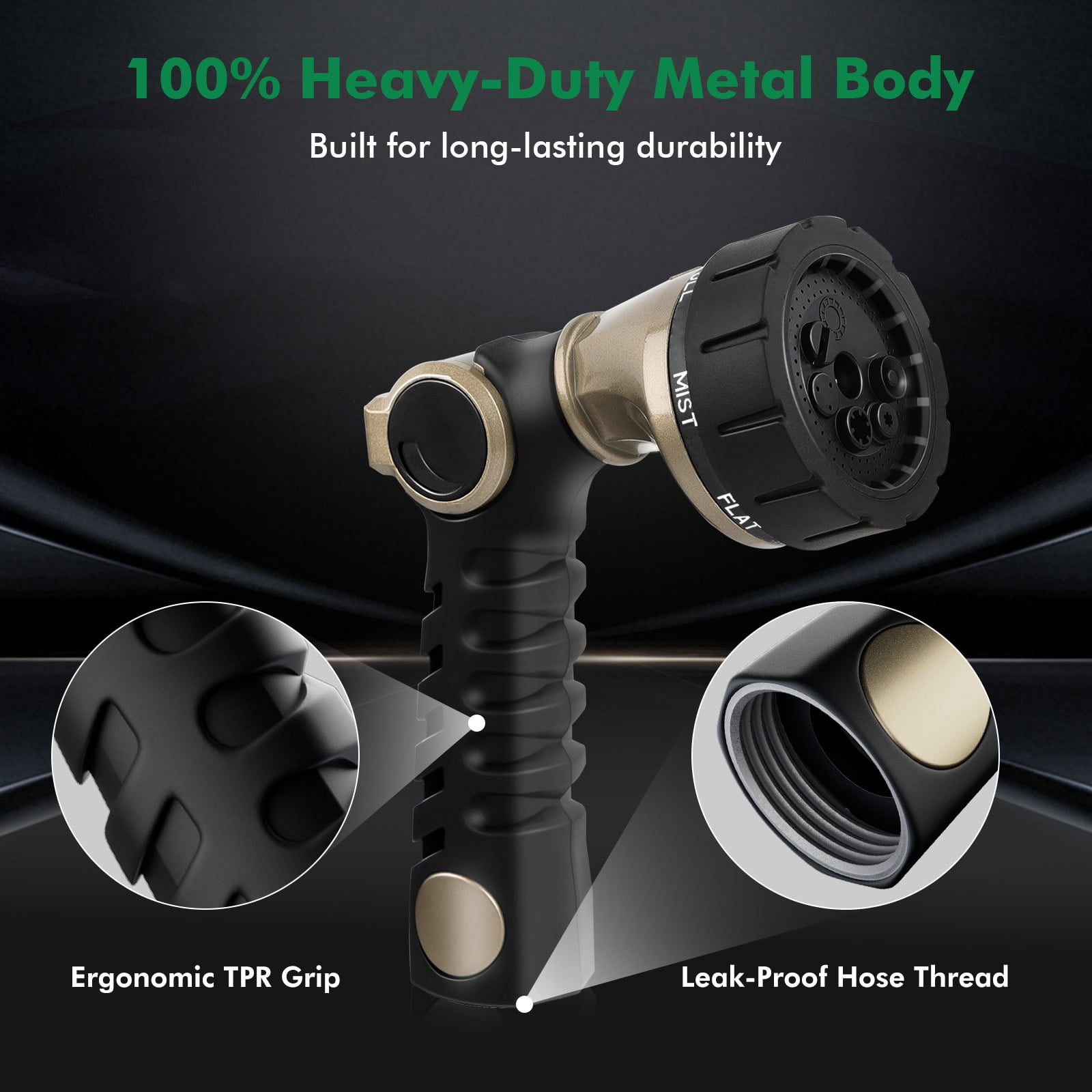 Restmo Ergonomic Zinc-alloy Garden Hose Nozzle, 7 Watering Patterns, Thumb Control, High Pressure Sprayer，Black