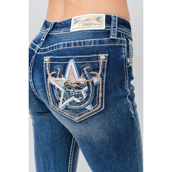 Grace in LA Women's Western Star Horseshoe Embellished Bootcut Stretch Jeans (25, Blue Stonewashed)