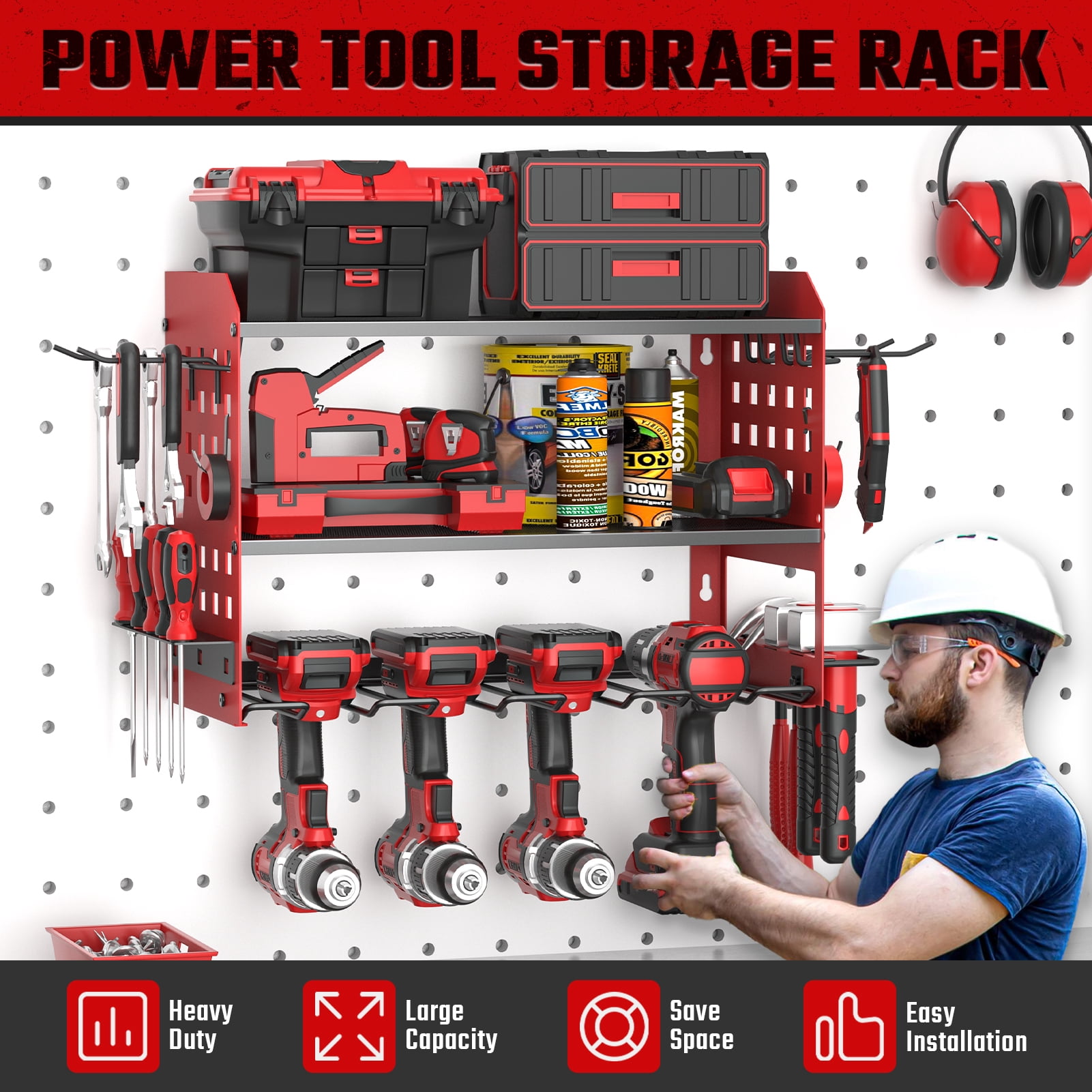 SUNALLY Power Tool Organizer, 3 Layers Drill Holder Wall Mount with 2 Side Pegboards, Heavy Duty Tool Storage Rack for Garage, 150Lbs Load Capacity, Red