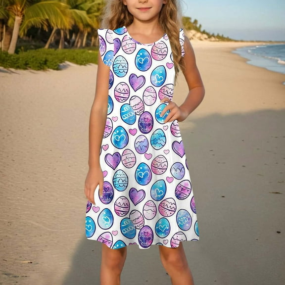 AUNVITO 2025 Easter Children Clothing Toddler Girls Dress Summer Ruffle Sleeve Sundress Outfit for Kids 4-14T