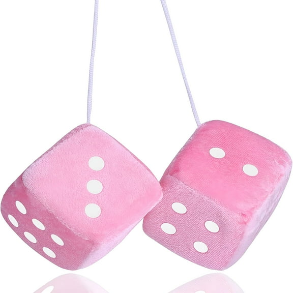 LAMIRO Fuzzy Dice for Rear View Mirror, Pink Fuzzy Dice for Car Mirror, 2.75inch Pair of Plush Retro Square Hanging Dice with White Dots Cute Car Decoration Ornament Accessories