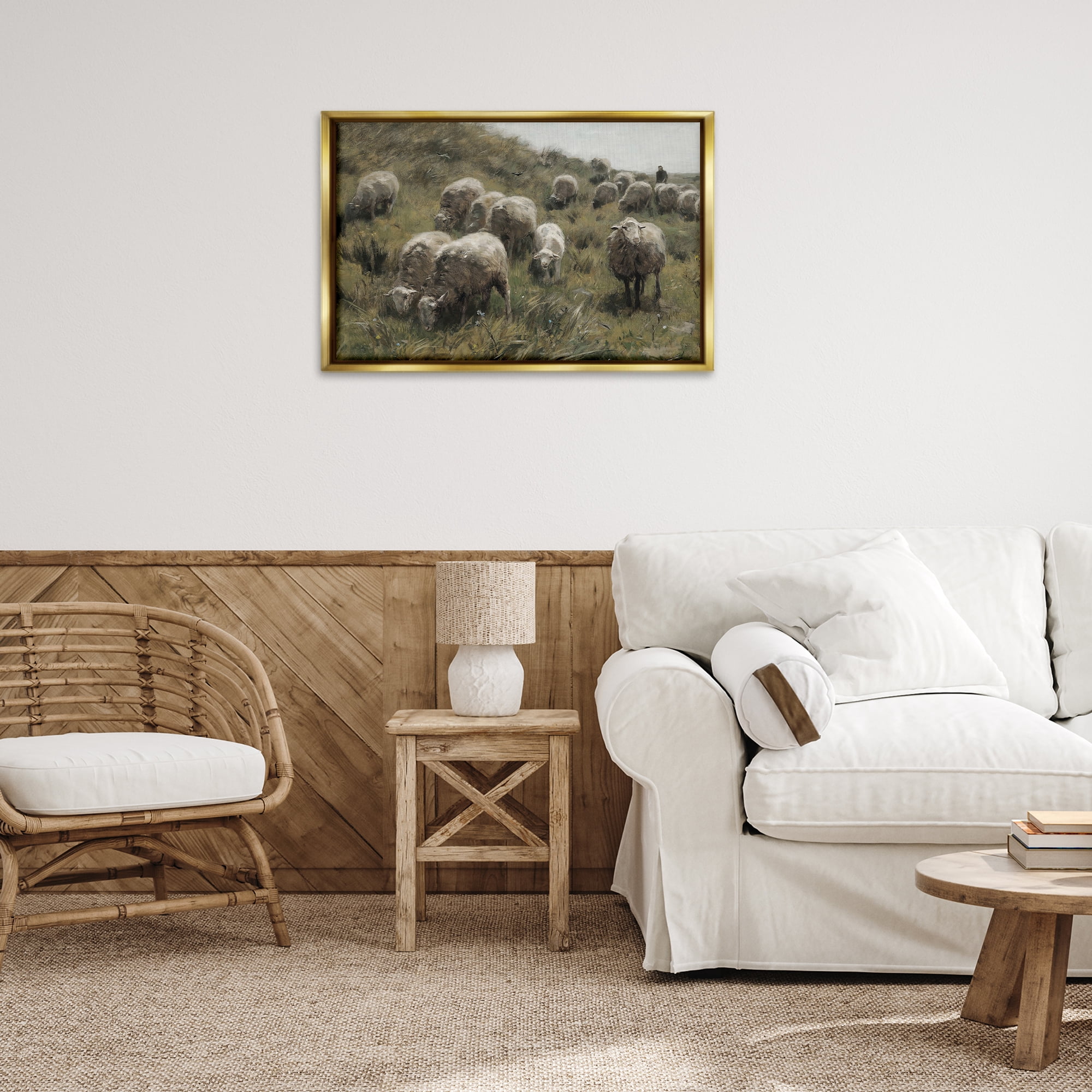 Stupell Industries Sheep At Pasture Landscape Painting Gold Floater Framed Canvas Art Print Wall Art, 31 x 21