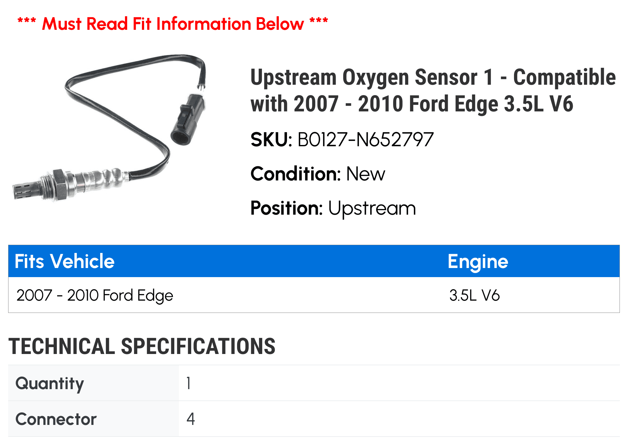 Upstream Oxygen Sensor 1 - Compatible with 2007 - 2010 Ford Edge 3.5L V6 - Autopart Premium