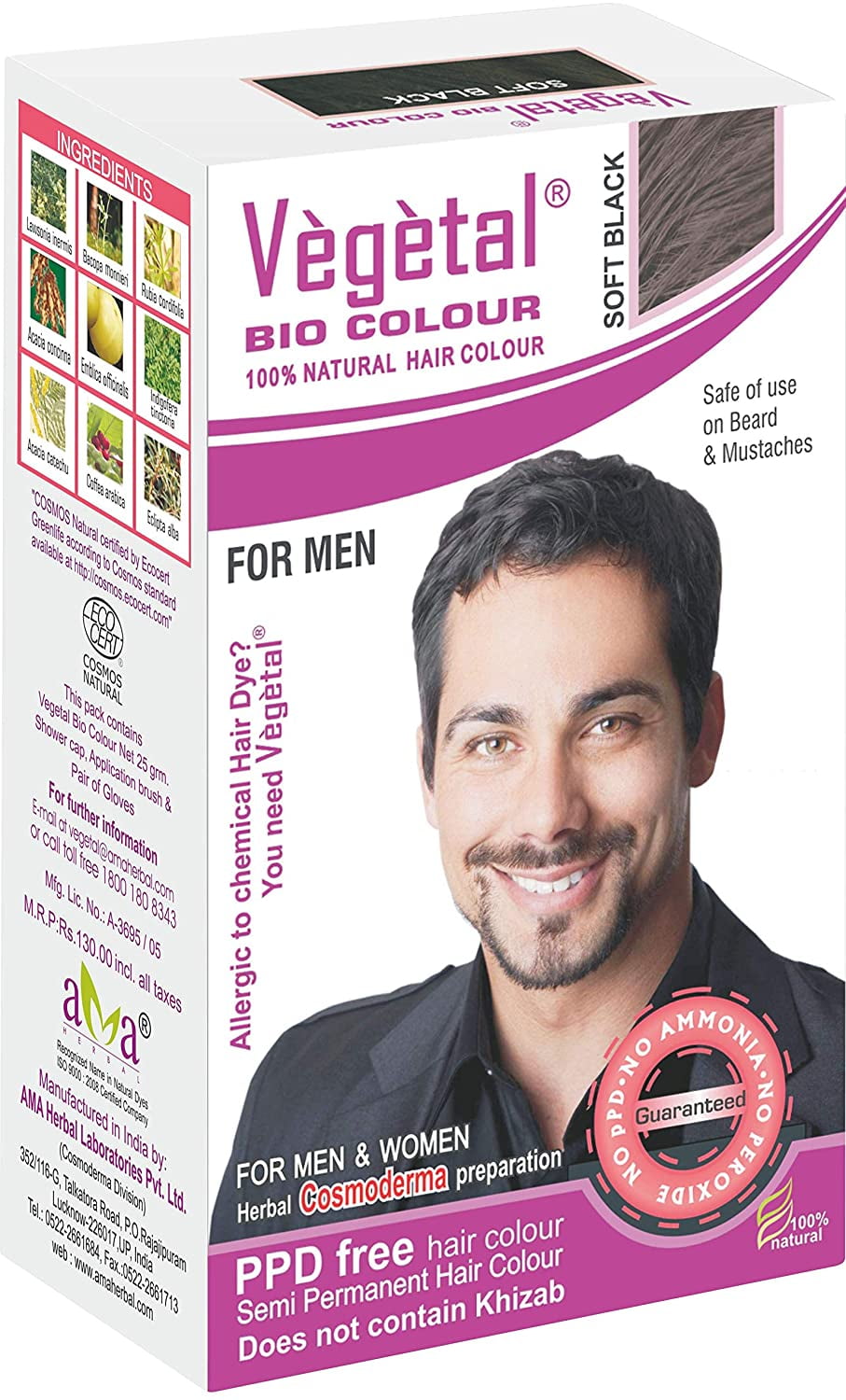 Vegetal Bio Beard Hair Color Soft Black 25gm with zero PPD, ammonia