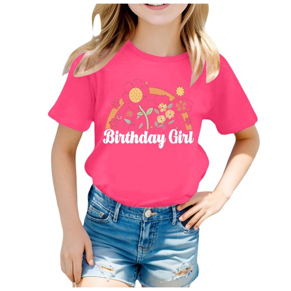 sertiohcv T-Shirts en Coton pour Filles/tout-Petits Col Ras du Cou T-Shirt pour Enfants Manches Mi-Longues Col Rond Impression de Dessins Animés T-Shirt à Manches Courtes Rose Vif Taille pour 9-10 Ans