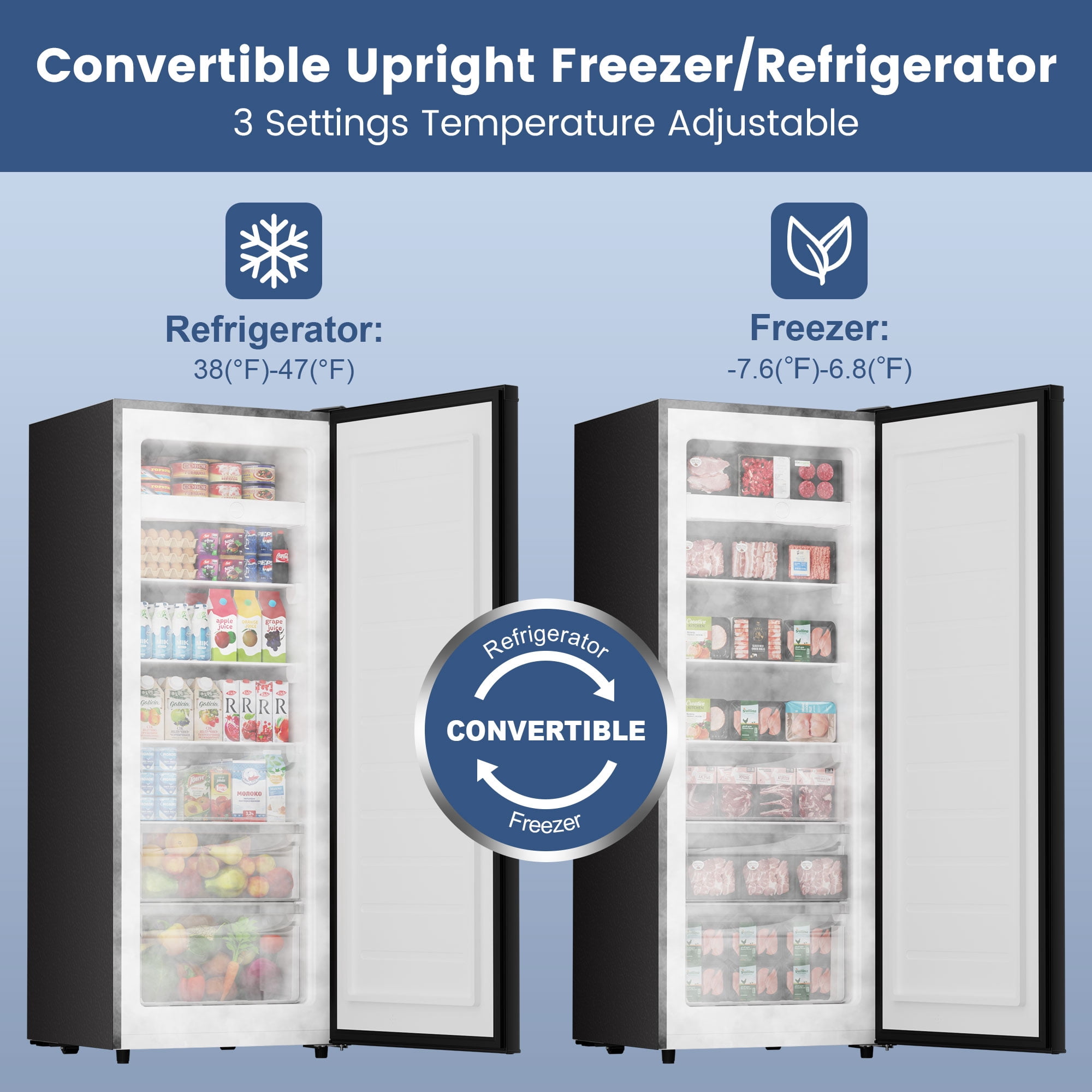 BANGSON 7.0 Cu.ft Upright Freezer,Convertible Upright Freezer/Refrigerator, Garage Ready Single Door Compact Freezer for Kitchen, Apartment, Office - Silver