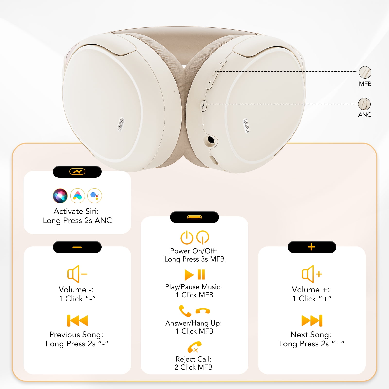 Hybrid Active Noise Cancelling -45dB, Bluetooth Headphones 5.4, 50H Playtime, Clear Call with 4 Mics, Bass Boosted by 90%, Comfort Fit Over Ear Headphones for Travel Home Office PC Beige