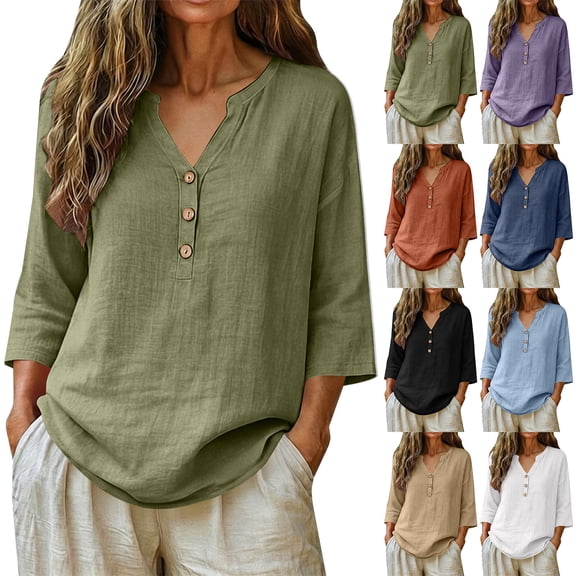 Women's Cotton Blend V Neck Henley Tunic 3/4 Sleeve Loose Fit Casual Pullover Top Army Green XL(XL)