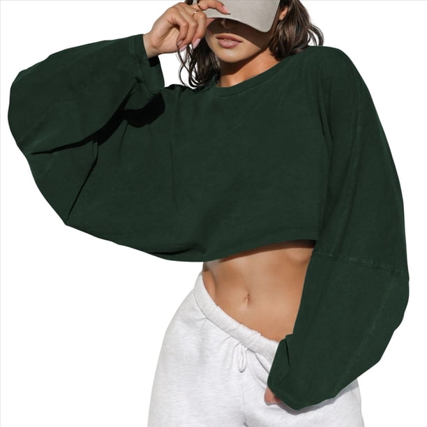 Sudaderas de Larga con Globo para Mujer, Sudaderas , Cuello Redondo Extragrande Verde Oscuro XS