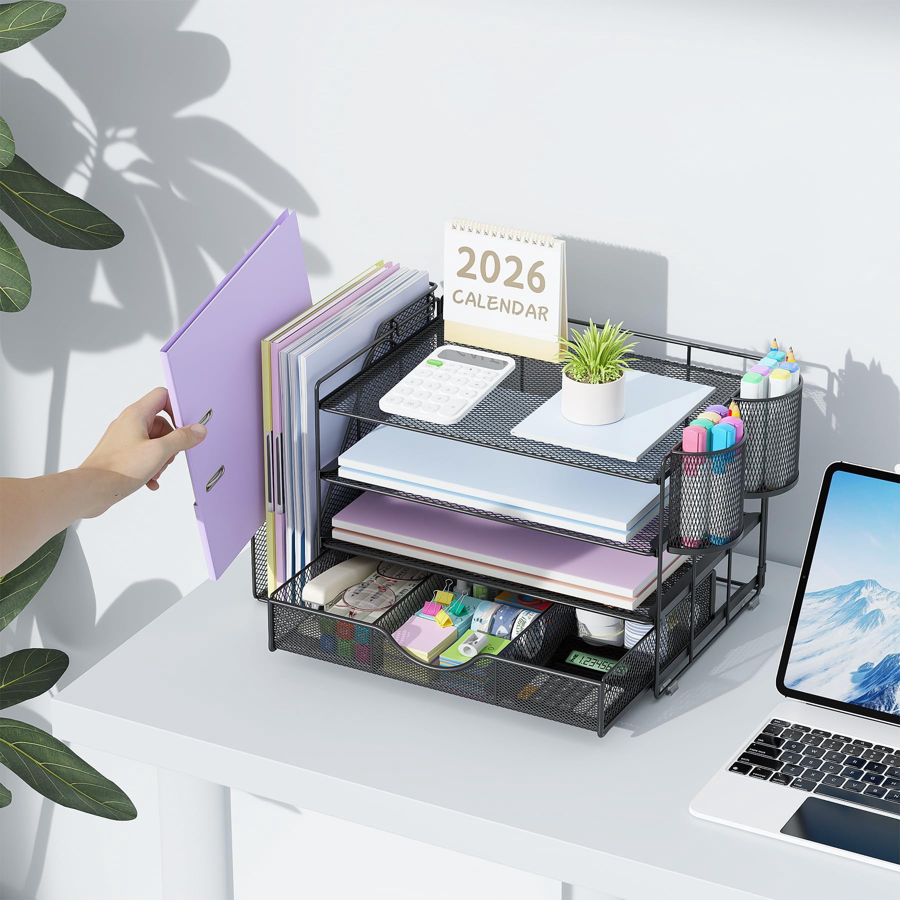 Desk Organizers And Accessories With File Holder  4-tier & Workspace Drawer 2 Pen Paper Organizer For Office Supplies (black)