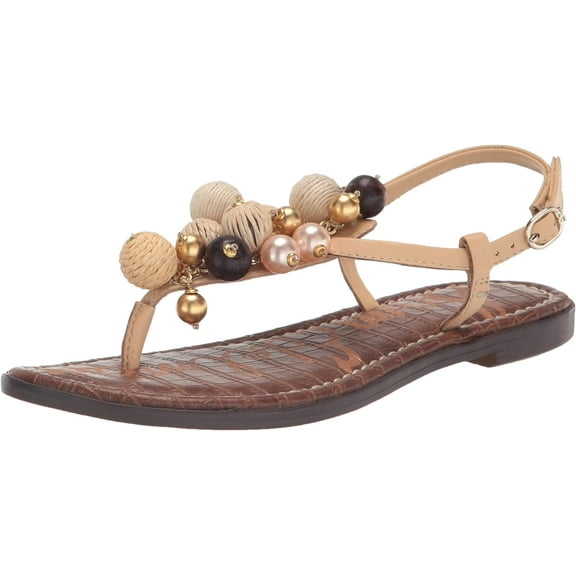 Sam Edelman Women's Gretta Beaded T-Strap Slingback Flat Sandals Natural 8M