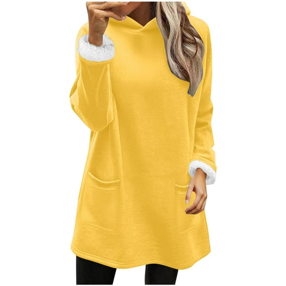 Long Hoodie for Women with Sherpa Fleece Lined Front 2 Pockets Thick Warm Winter Loose Tunic Sweater Pullover Tops (XL, Yellow)
