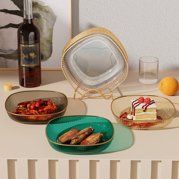 Fiudx Platos de Pet Transparentes, Diseño Cuadrado Multifuncional, Ligeros y Fáciles de Limpiar, Ideales para Frutas, Aperitivos y Otros Platos, Versátiles para Comer, Juego de 4, Tamaño 15 X 15 Cm