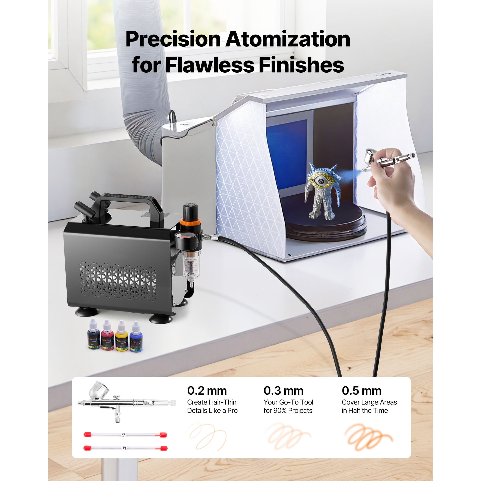 KFFKFF Airbrush Kit with Compressor, 1/6 HP, Includes Dual-Action Airbrush, 3 Nozzles, Hose, Acrylic Paints, Brushes, Quiet Operation, Ideal for Cake Decoration, Model Crafting, and Nail Design