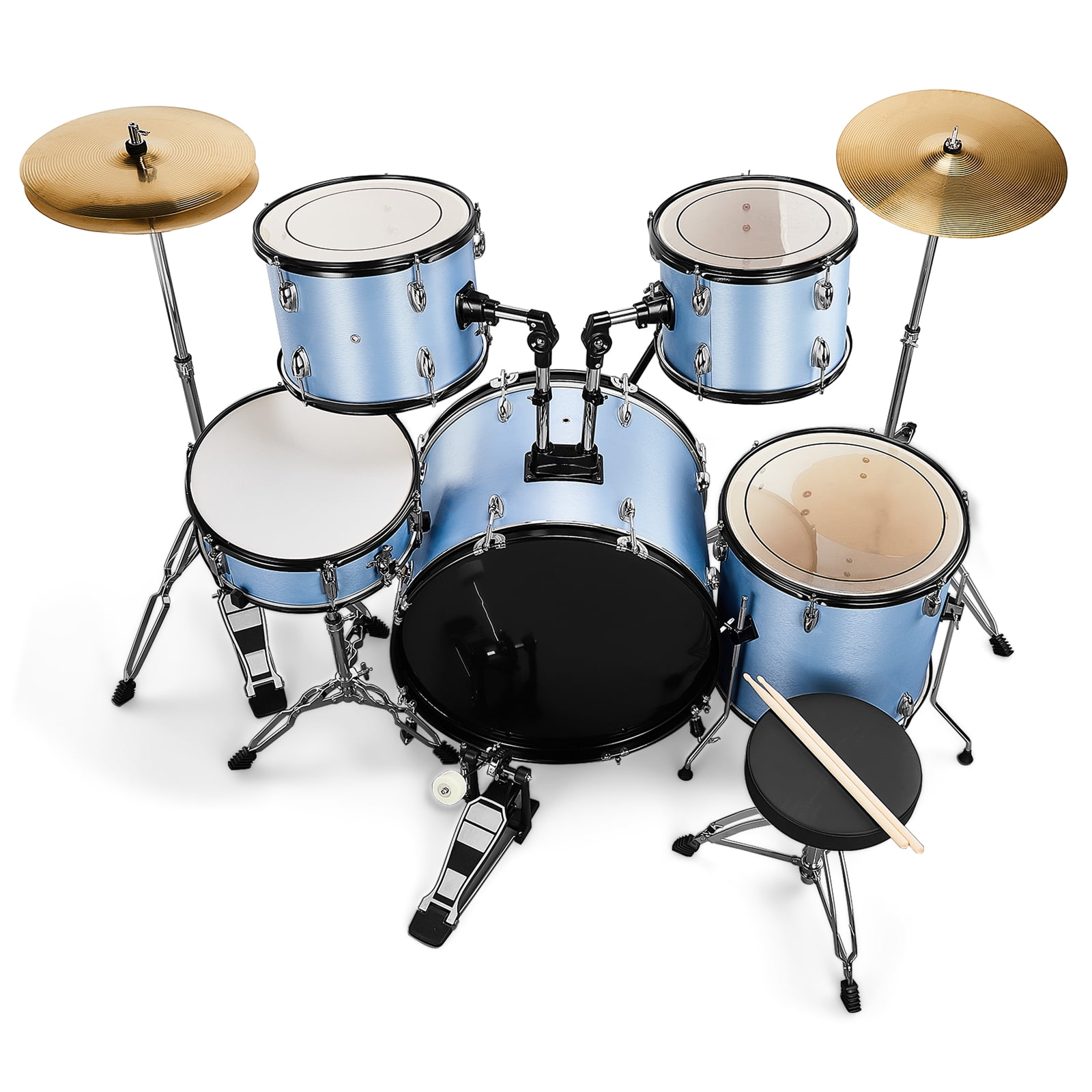 Full Size Adult Drum Set, 5-Piece Blue with Bass Drum, Two Tom Drum, Snare Drum, Floor Tom, 16" Ride Cymbal, 14" Hi-hat Cymbals, Stool, Drum Pedal, Sticks