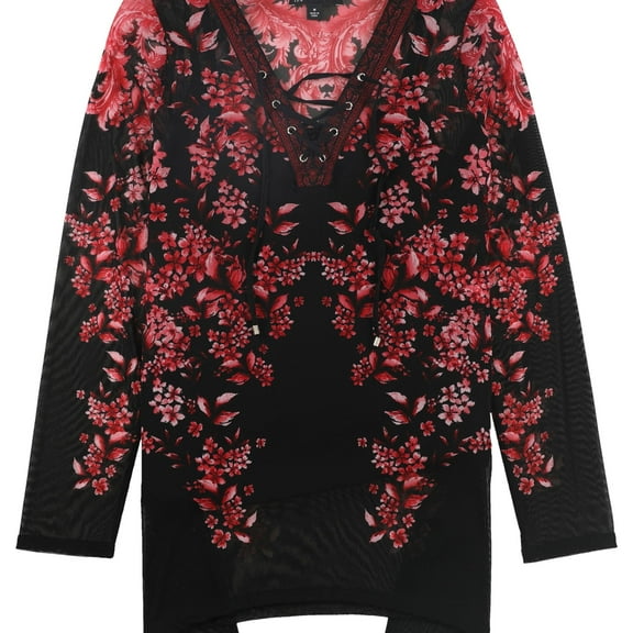 I.N.C Womens Lace-Up Mesh Pullover Blouse, Black, Medium