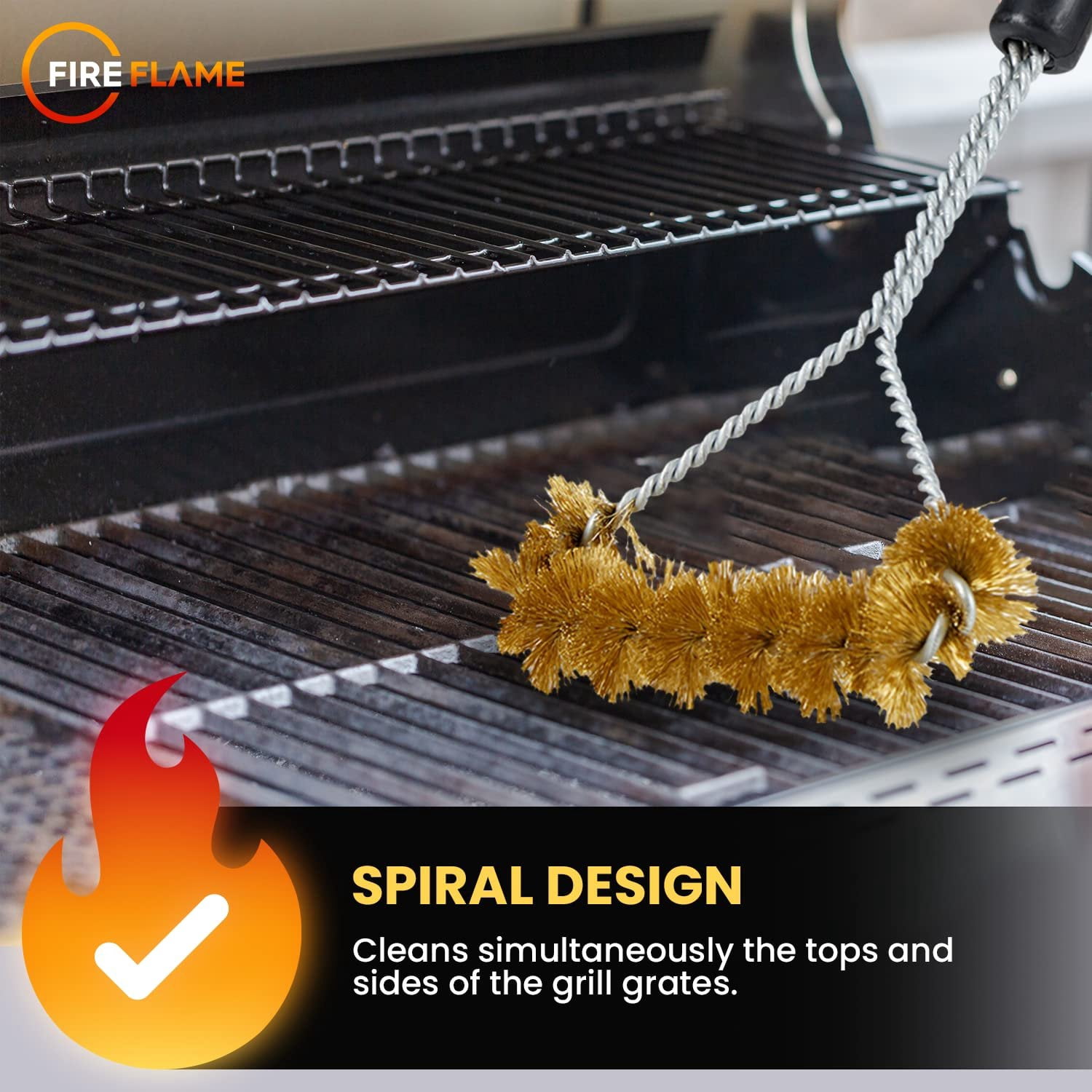 Fireflame BBQ Grill Brush  Non-Scratch Brass Bristles - 16-Inch Long Handle Barbecue Grill Cleaning Brush - Wide-Faced Spiral Heavy-Duty  Made in The USA