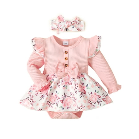 

PBaeM Newborn Girls Colorblock Casual Cute Long Sleeve Jumper Romper Headband 2 Piece Ribbed Outfit Sets