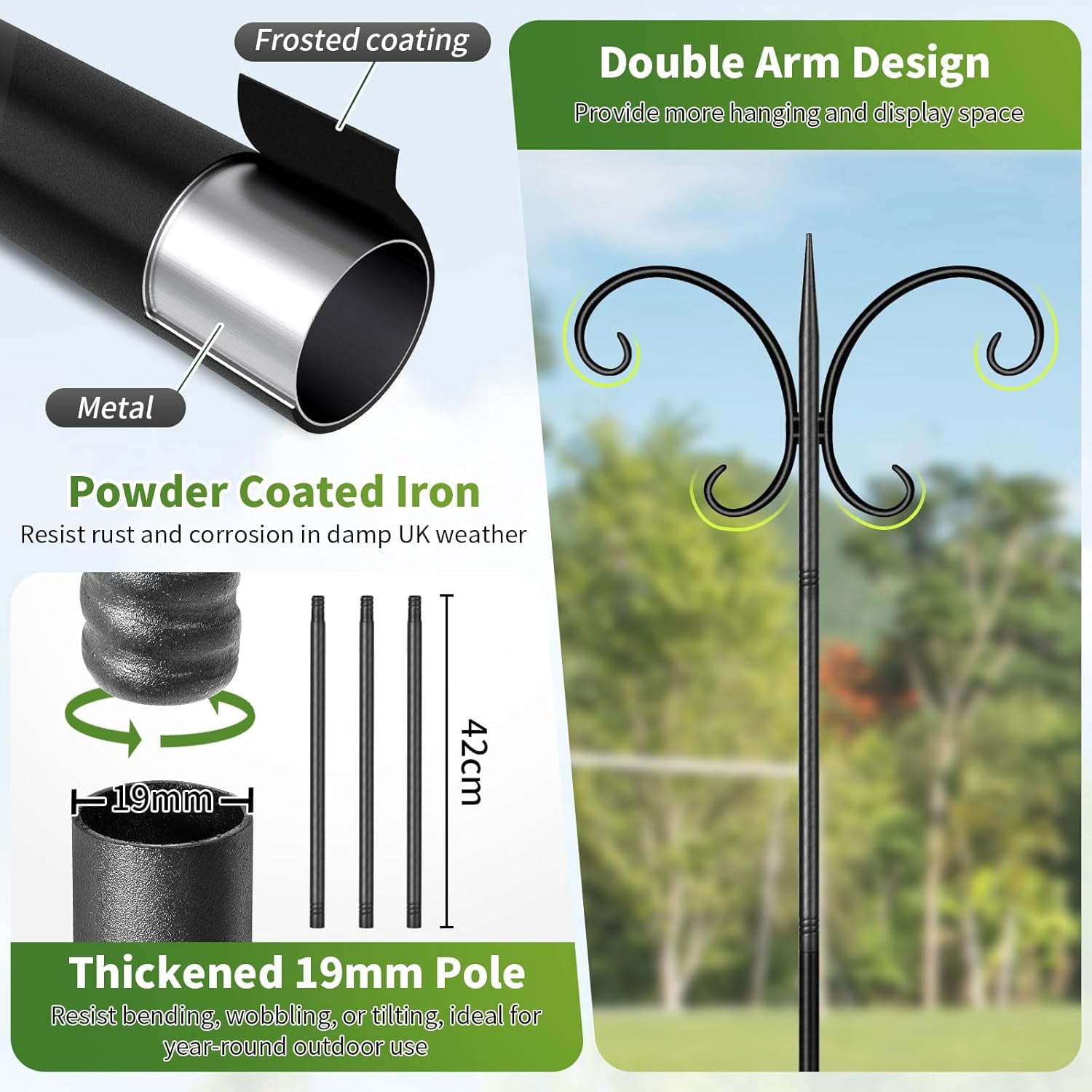 KOLAKO Bird Feeding Station, 223cm Heavy Duty Bird Feeder Pole with Squirrel Baffle,  Metal Shepherds Crook Hooks for Hanging Garden Lights Lanterns Plant Basket